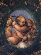 Two ovals depicting a putto with a stag's head and a putto with a greyhound Correggio